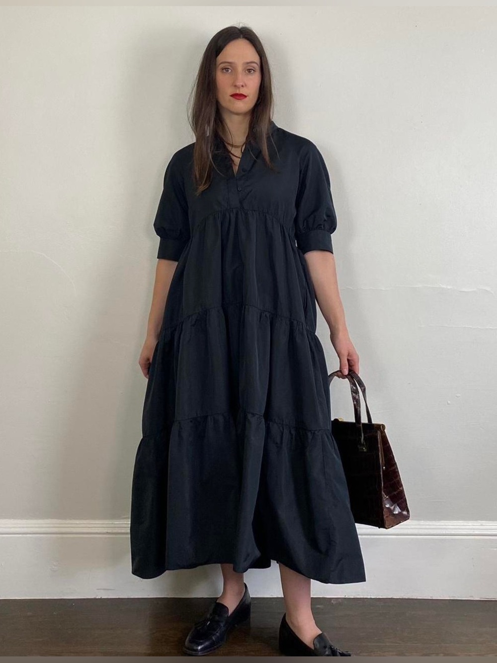 Zara M Puff Sleeve Black Tiered Maxi Dress